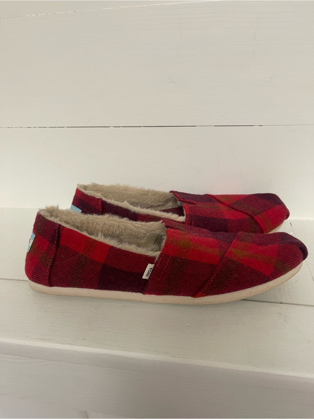 TOMS Red Plaid Faux Fur Lined Slip-On Shoes